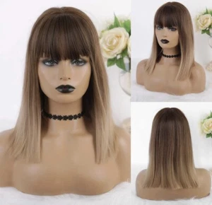 Real Look Cosplay Wig Layered Brown Bob Ash With Bangs Fringe Synthetic - Picture 1 of 7