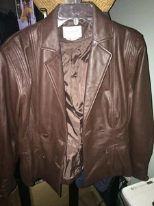 Women's Together Genuine Leather Jacket Brown Double Breasted Coat Button Size S - Picture 1 of 8
