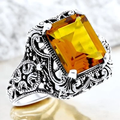 CLASSIC ART DECO STYLE 925 STERLING SILVER 4 Ct LAB-CREATED CITRINE RING    #568 - Image 1 of 3