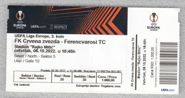 Karte za FK Crvena zvezda - Ferencvarosi TC, 06.10.2022 u 18:45