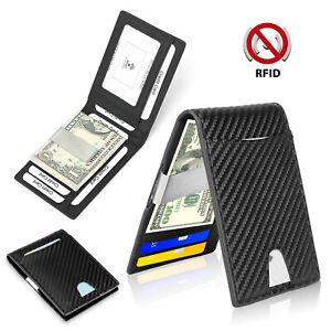Leather Bifold Slim Men's Wallet Carbon Fiber RFID Blocking Case with Money Clip
