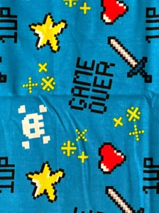 Game Over 1 Up Video Gamer Pixilated Electric Blue Skull Cotton Fabric 36” X 44” - Picture 1 of 6