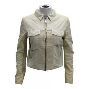 DIESEL ZETA Womens Biker Leather Jacket Ladies Zip Up Winter Outwear Coat Beige - Picture 1 of 11