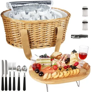 Wicker Picnic Basket Set For 2 With Mini Folding Wine Picnic Table & Large Insul - Picture 1 of 7