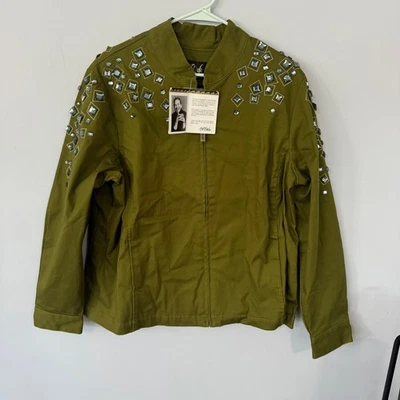 NUEVO CON ETIQUETAS Bob Mackie Usable Arte Militar Verde Joyas Cremallera Completa Chaqueta Top Talla XL Foto 1 de 4