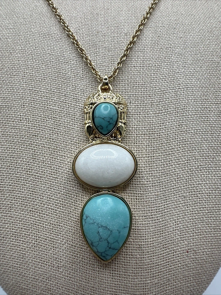 Samantha Wills Gold Tone w/Turquoise & White Agate Pendant Necklace 31” - image 1 of 4