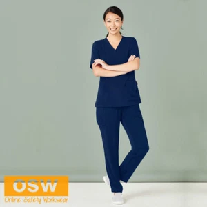 Womens Navy Health/Nurse Wash'n'Wear V-Neck Scrubs Top & Straight Leg Pants - Picture 1 of 7