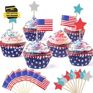 190 Pcs 4Th of July Cupcake Toppers 100 American Flag Cupcake Toppers with 90 Gl - Picture 1 of 7