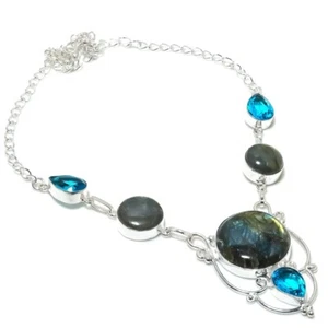 Natural Labradorite Gemstone 925 Sterling silver Jewelry Necklace Size 18" - Picture 1 of 1
