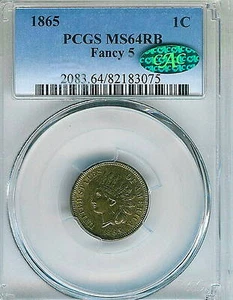 1865 Fancy 5 Indian Cent : PCGS MS64RB CAC Sticker - Picture 1 of 2