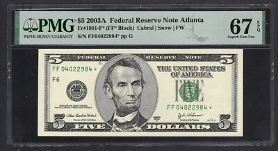 United States-Federal 5 Dollars 2003A Fr#1991-F* (FF* Block) Star UNC Grade 67 - Image 1 of 2