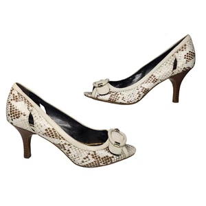 Alfani Shoes 7.5 White Brown Reptile Snake Print Embossed Buckle Open Toe Heels - Picture 1 of 12