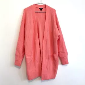 HALOGEN Cozy Knit Open Front Long Cardigan Bright Pink Chunky Knit Sweater Large - Picture 1 of 13