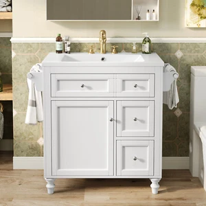 30" Bathroom Vanity w/Sink, Freestanding Vanity Storage Cabinet, 3 Drawer, Shelf - Picture 1 of 20