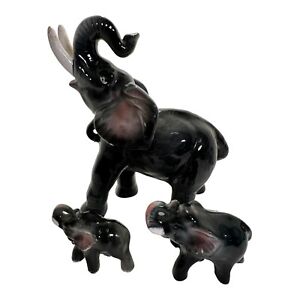 Vintage Black Ceramic Elephant With Babies - Japan Figurine Mom 10” Baby’s 3”