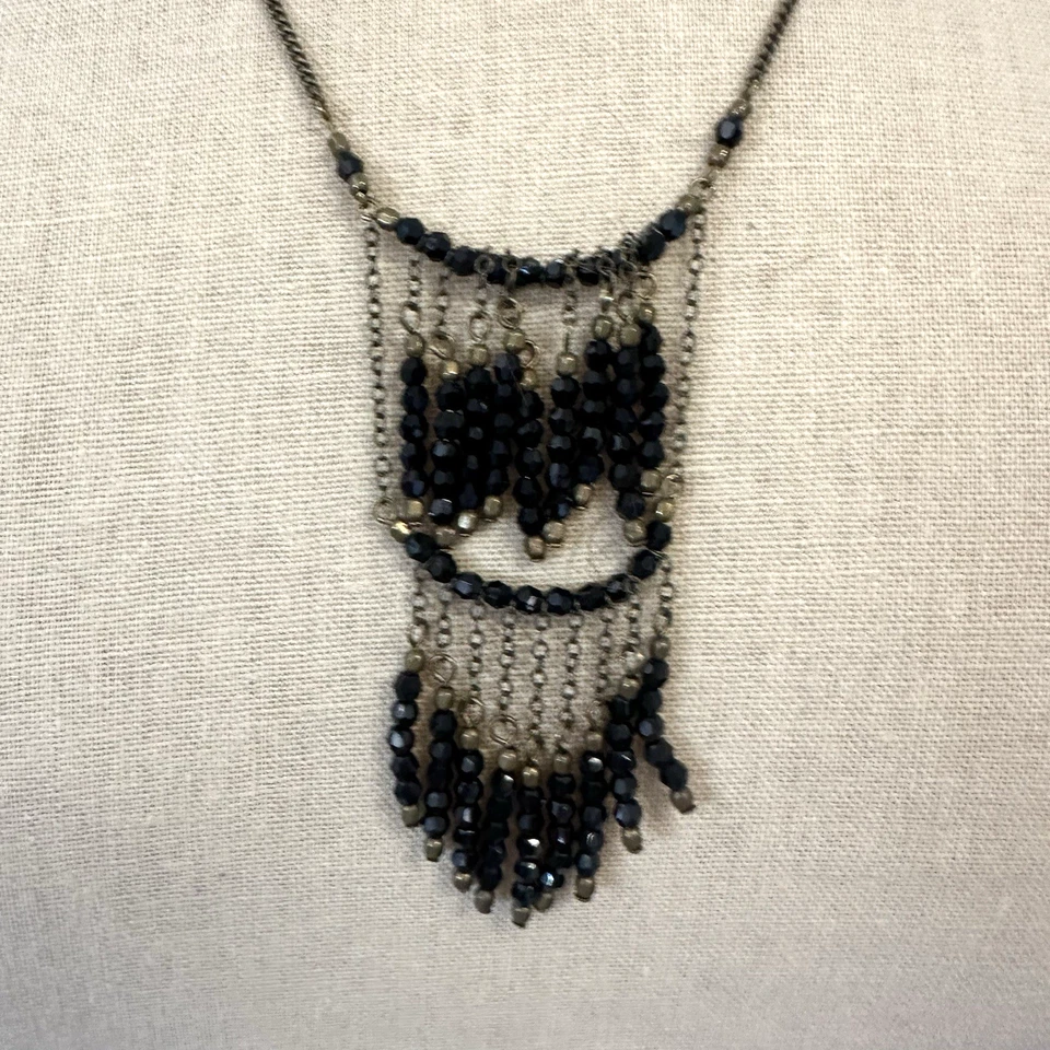 Isabel Marant 30" Largo Boho Doble Capa Cuentas Flecos Collar Latón Negro Foto 1 de 4
