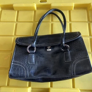 TOMMY HILFIGER BLACK FAUX SNAKESKIN PURSE MEDIUM SHOULDER BAG CAREER SATCHEL EUC - Picture 1 of 5