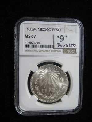 PESO PLATA MÉXICO 1933 NGC MS 67 con doble "9" Foto 1 de 4