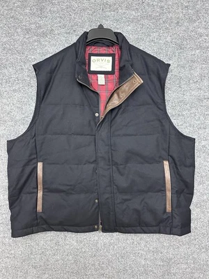 Orvis Mens 2XL Wool Duck Down Leather Trim Quilted Vest Black Plaid Lining Thick - Image 1 of 4