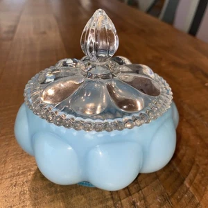 Fenton Beaded Melon Blue Opaline Vanity Powder Dish w/Clear Lid MCM Candy Dish - Picture 1 of 7
