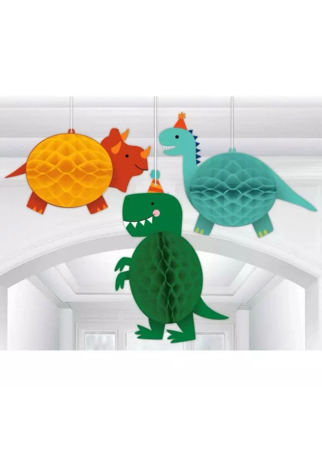 Dinosaur Party Hanging Decorations 3D Honeycomb Dino-Mite Party Hangers x 3 - Image 1 of 1