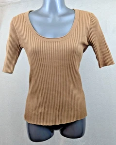 Elie Tahari sz S Ribbed Knit Sweater Top tan elbow sleeves stretchy 0080 - Picture 1 of 3