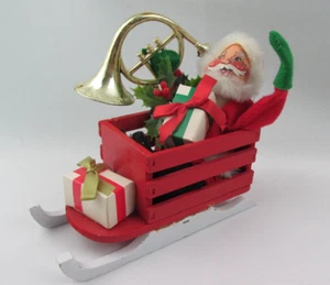 Vintage 1980's Annalee 7" Santa Claus in Sleigh w/French Horn, MADE IN USA - Picture 1 of 10