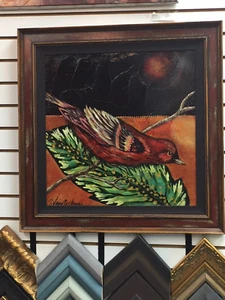 BIRD - BY SARAH VAN BECKUM - ORIG. MIXED MEDIA PAINTING ON PANEL FRAMED - Picture 1 of 4