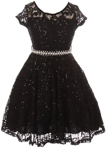 Schwarz Blumen Spitze Glitzer Perlen Schärpe Hochzeit Urlaub Party Blumenmädchen Kleid - Bild 1 von 5