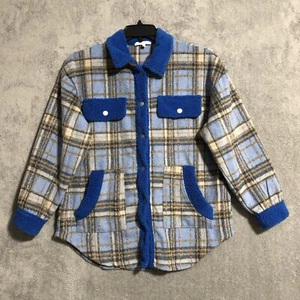 Veveret Plaid Jacket Blue Fleece Detail Shacket Oversized Size S Womens - Picture 1 of 15