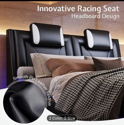 Queen King Curve Deluxe Upholstered Modern Bed Frame with LED Headboard, Black - Image 1 of 4