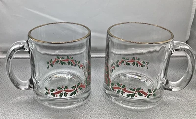 2 tazas de café de vidrio transparente de acebo de Navidad con adornos dorados hechas en EE. UU. 12 OZ G24 Foto 1 de 4