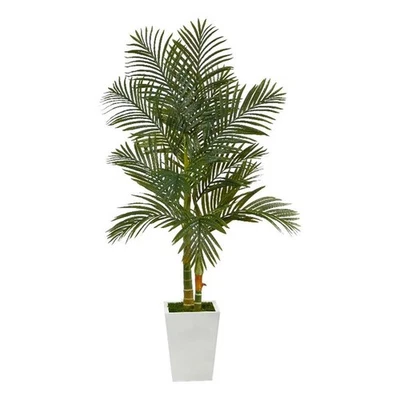 Palmera artificial de caña dorada de 66" en maceta de metal blanco en verde/negro Foto 1 de 4