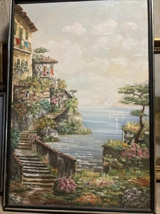 Luigi Sandini  Oil On Canvas Italian Seaside Painting 36" X 24" Framed - Picture 1 of 17