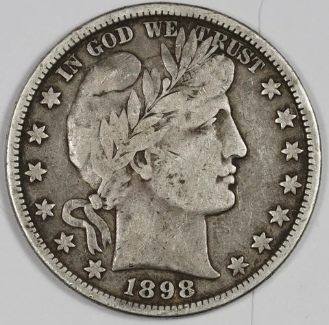 1898 Barber Half Dollar.  Natural Uncleaned.  Sharp Fine.  187785 Cover