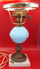 FENTON LAMP ~ BLUE SATIN GLASS ~ POPPY HURRICANE WITH MARBLE BASE ~ NO SHADE
