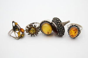 925 STERLING SILVER 9g AMBER RINGS Copal Baltic Floral x 5