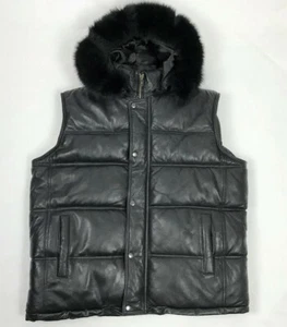 Mens Black Lambskin Leather Vest With Fur HOODED Black Coat - Picture 1 of 5