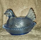 Vintage Hen on Nest Ice  Blue Indiana Glass Covered Candy Dish 7" x 5 1/2"