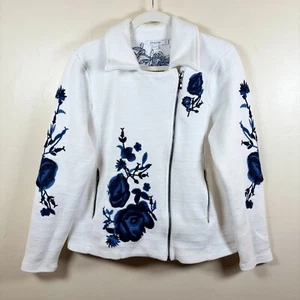 Chico's Embroidered Moto Zip Jacket Women's 2/L White Blue Floral Cotton Blend - Picture 1 of 8