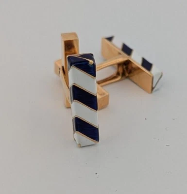 Gemelos Tiffany & Co. de oro de 18 quilates con esmalte a rayas azules y blancas Foto 1 de 4
