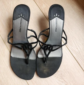 Studio Works Heels Womens 7.5 Mules Black Fabric Slip On Casual Toe Post - Picture 1 of 4