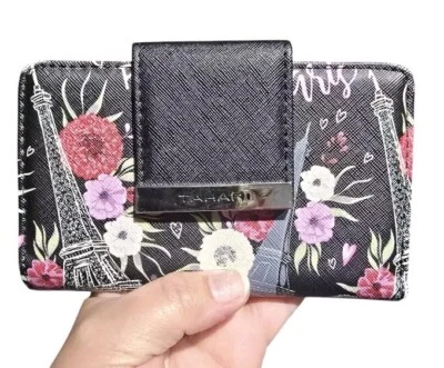 TAHARI Women’s Wallet PARIS Multi Royal Flush Floral on Black Zip Coin 6” - Изображение 1 из 4
