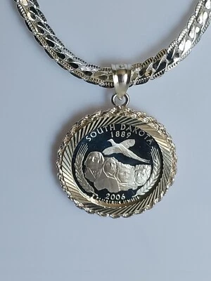 Silver Necklace With 2006 S Silver Proof South Dakota State Quarter 90% Silver. - Image 1 of 4
