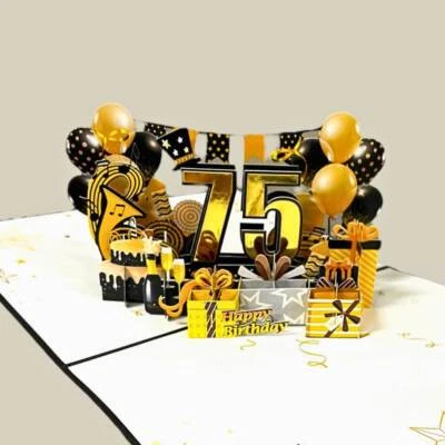 ORIGAMI POP CARDS Black & Gold Happy 75th Birthday Presents Pop Card