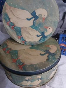 Vintage Canisters Winter Snow Geese Blue Bows Cookie Storage Tin 1980s Lot Of 2 - Picture 1 of 5