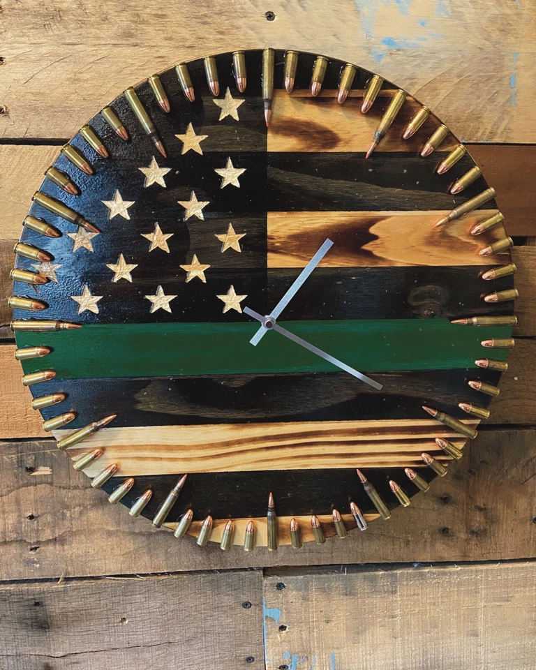 18" American Flag - Green Line Bullet Clock - 5.56 NATO hrs / 9mm Mins - Image 1 of 1