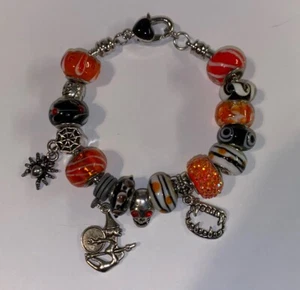 Halloween European Charm Bracelet Black Orange Witch Vampire Spider Murano Glass - Picture 1 of 5