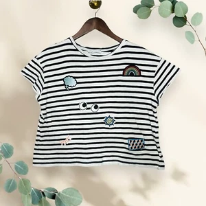 Zara Black And White Striped Short Sleeved Tee Patches Girls Size Small ($22) - Picture 1 of 3