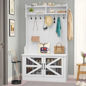 TAUS Farmhouse Entryway Bench with Coat Rack Hall Tree w/Shoe Storage and Bench - Picture 1 of 5